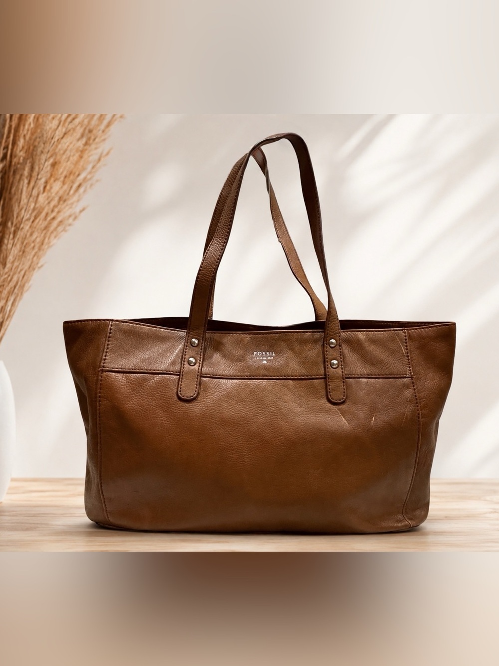 Vintage Fossil Cognac Brown Leather Tote